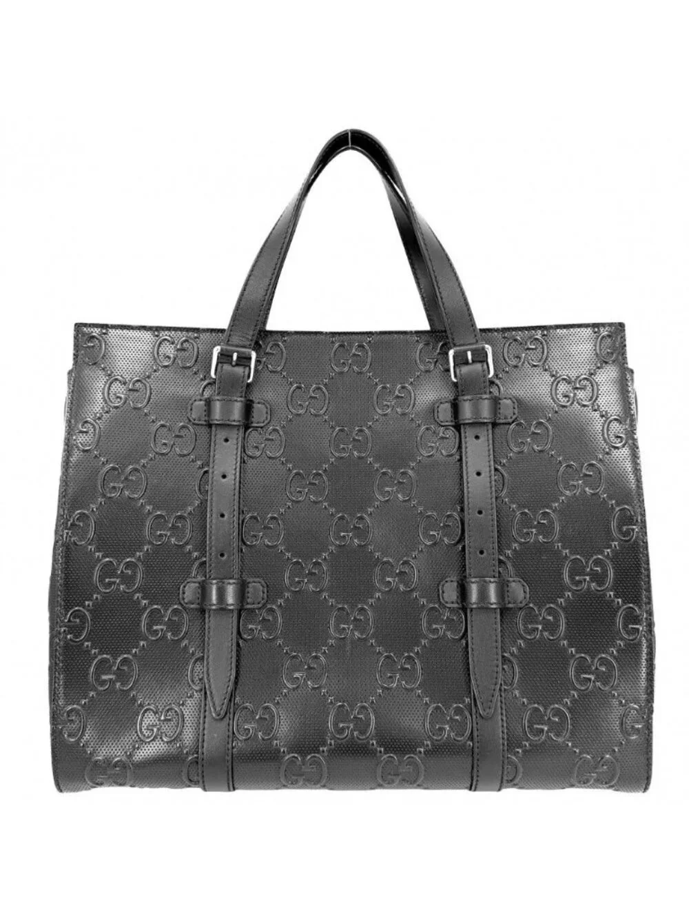 Gucci Tote GG Embossed Handbag Shoulder Leather Black Silver